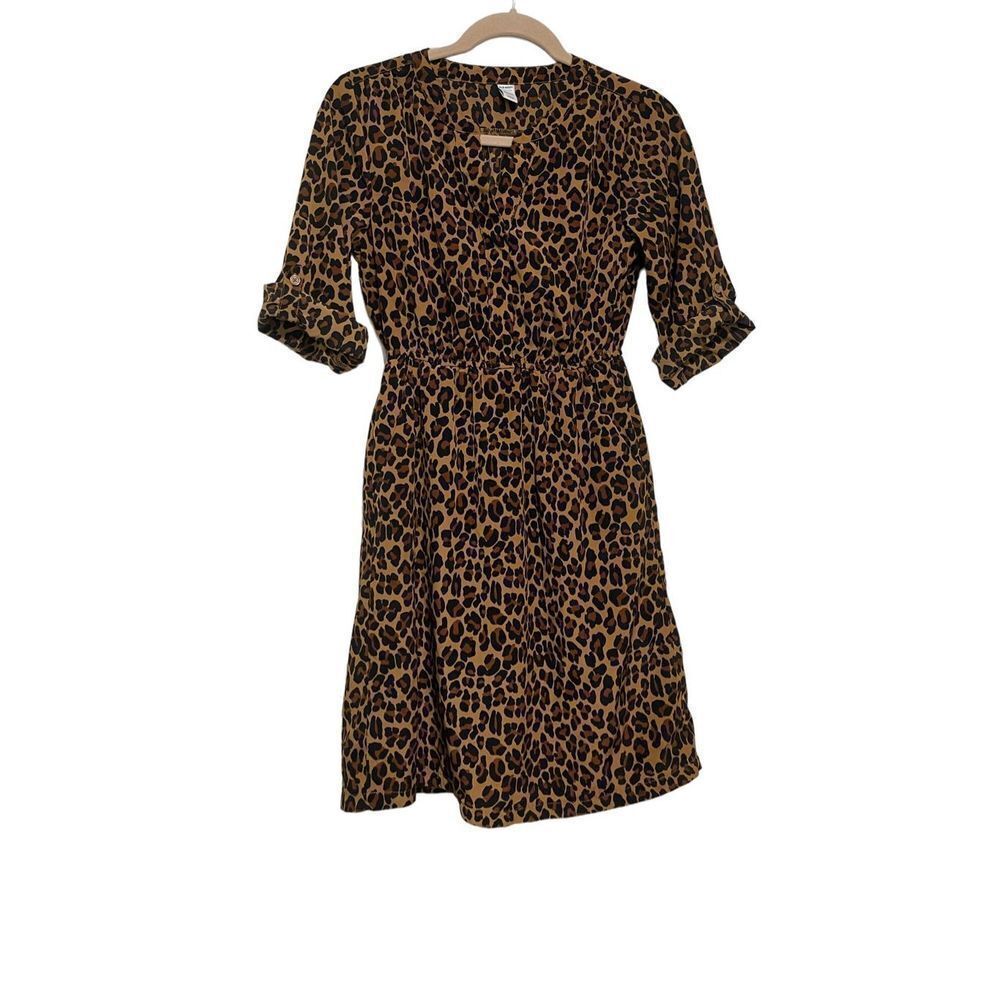 Old NAVY|WOMEN’S LEOPARD ANIMAL PRINT SHIRTDRESS ROLL TAB SLEEVES S